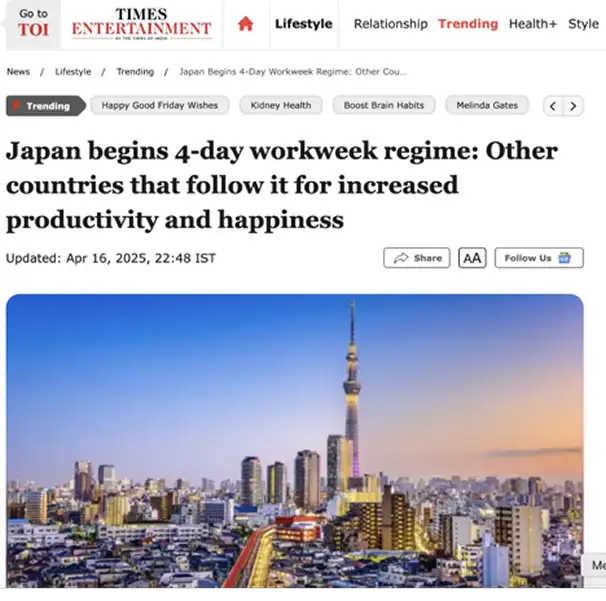 A news article headline reads "Japan begins 4-day workweek regime: Other countries that follow it for increased productivity and happiness." The article was updated on April 16, 2025. The image features a skyline of a city with various buildings and a tower, suggesting a contemporary urban environment.