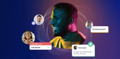 A smiling man is surrounded by recognition messages in different languages. Notifications include messages such as 'It's been an amazing year working with you!' in English, 'Cela fait un an!' in French, and 'Glückwunsch!' in German. Avatars of other individuals are displayed nearby, adding a social context to the recognition.